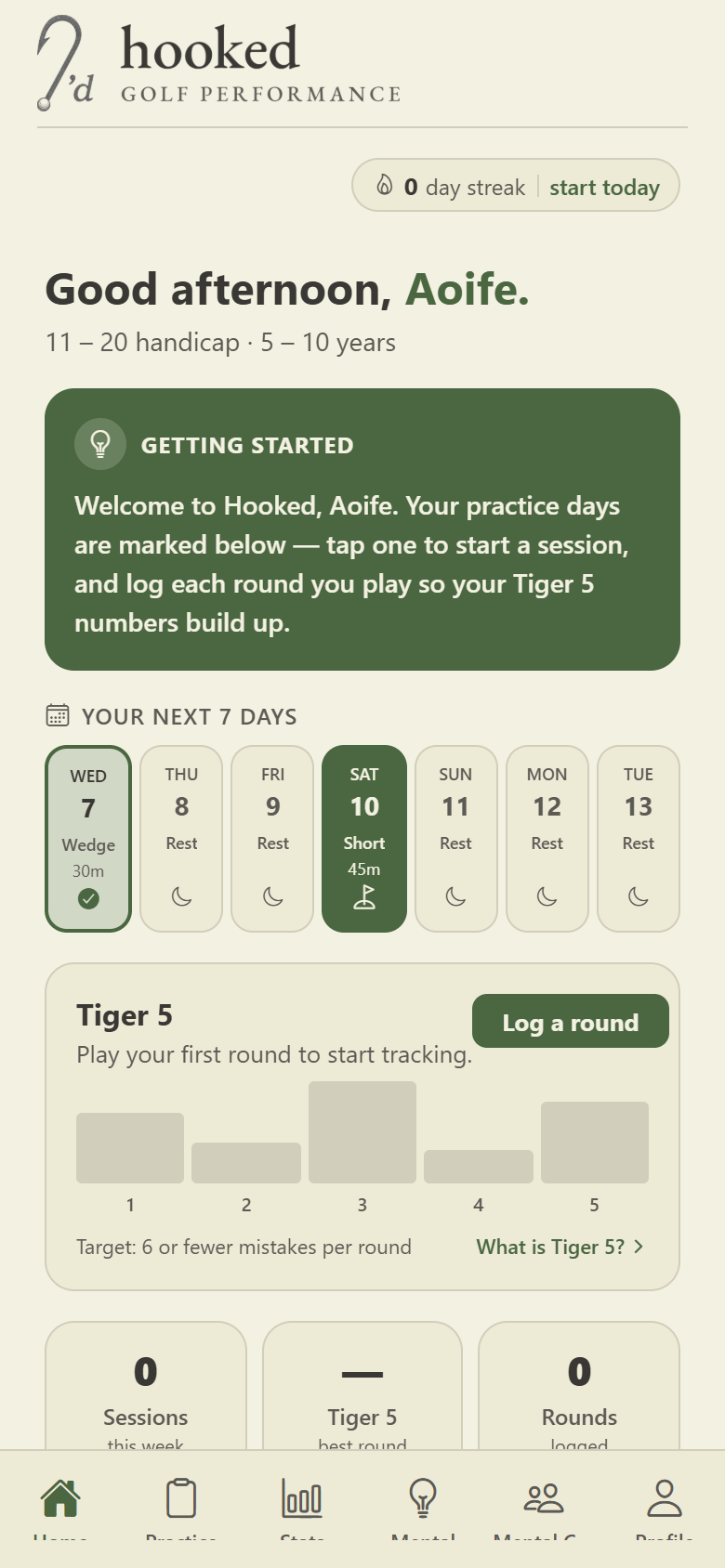 Hooked2Golf Home screen showing this week's practice plan